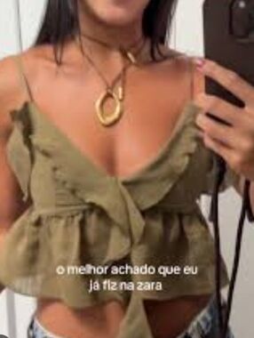 Zara Top NWT Size XL Green Olive Cropped Spaghetti Straps Ruffle Zipper At Side